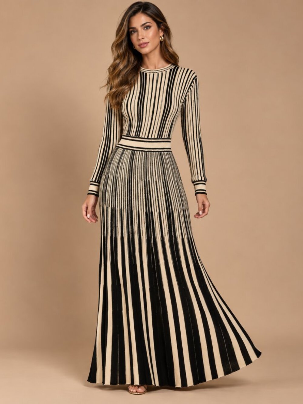 Elegant Apricot and Black Striped Knit Long Sleeve Maxi Dress, Brunch